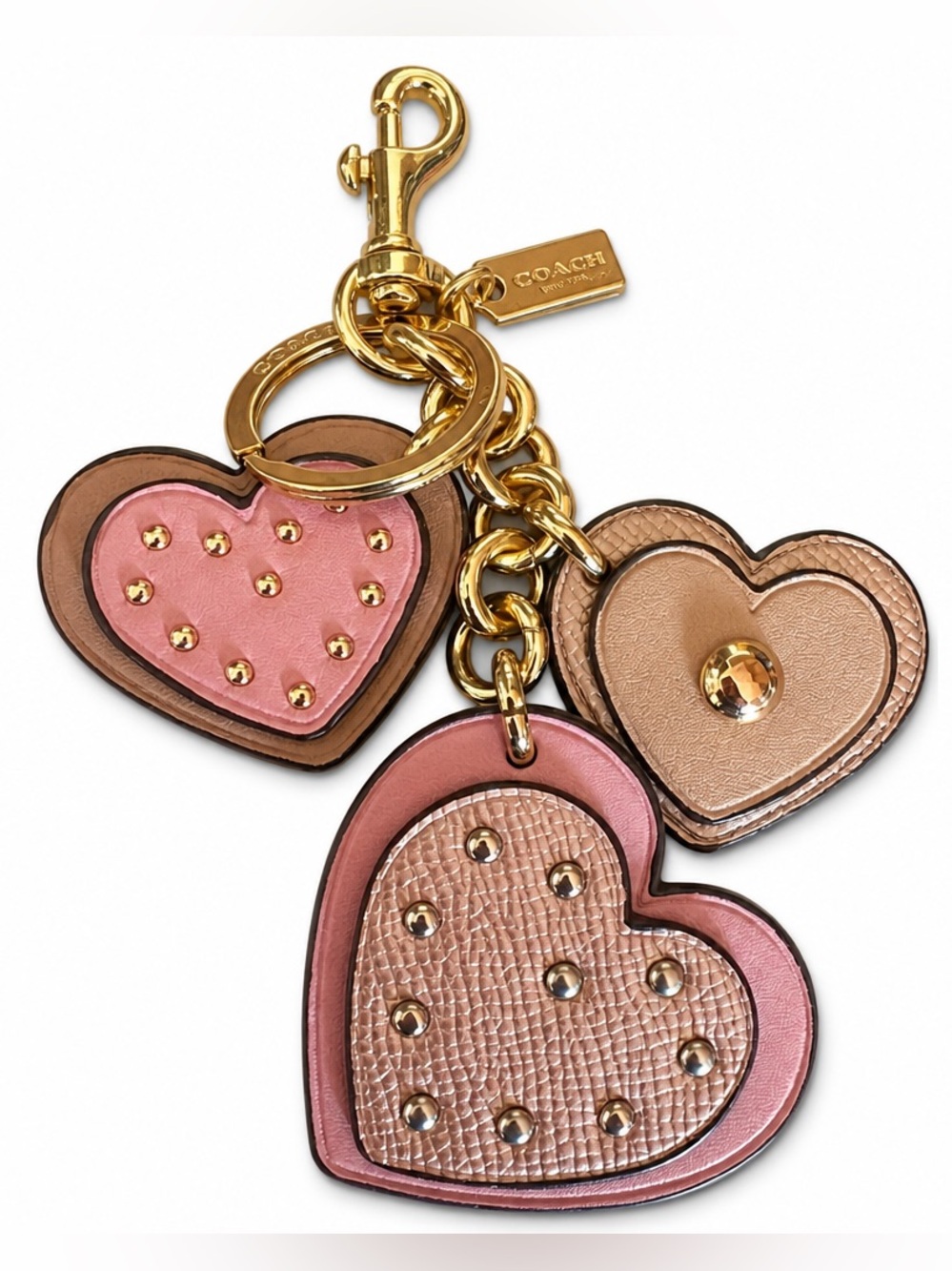 Coach Pink and Tan Heart Charm Keychain